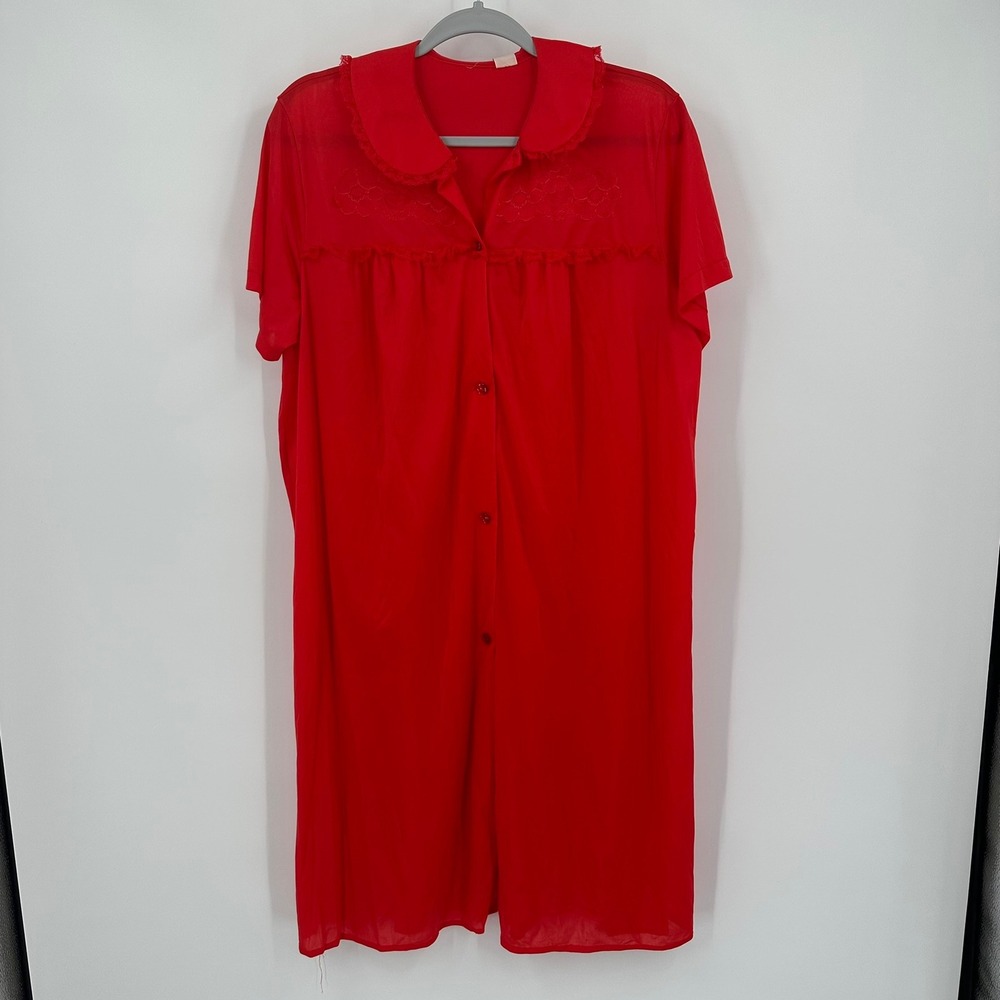 Nancy King Lingerie Womens Vintage Red Embroidered Button Front Nightgown Size L